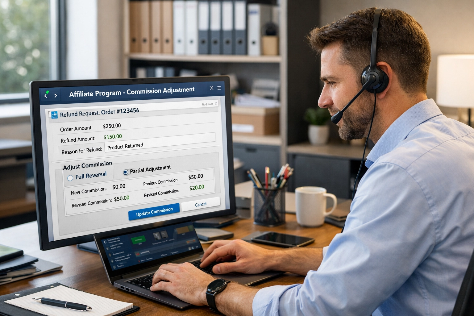 Merchant processing refund with affiliate program management interface