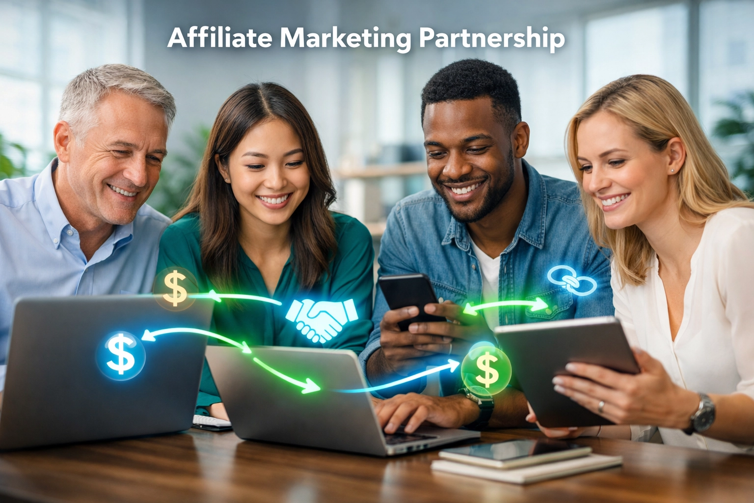Diverse team collaborating on affiliate marketing partnership with digital commission flow visualization