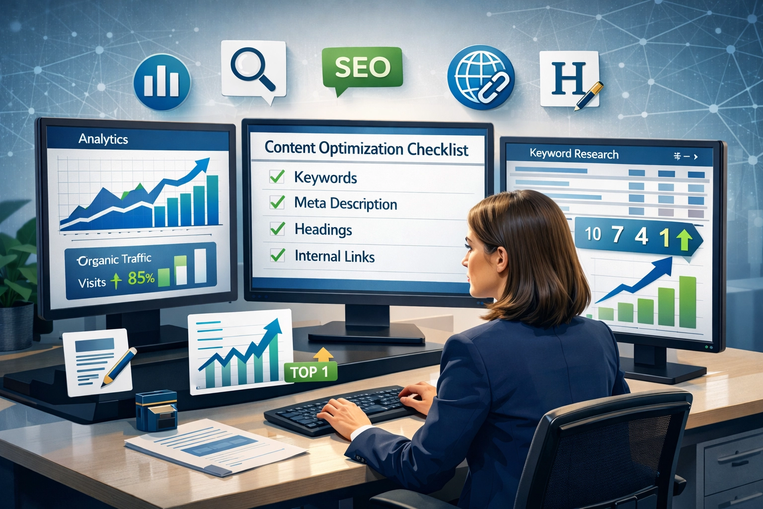Content optimization workflow with analytics dashboards and SEO metrics