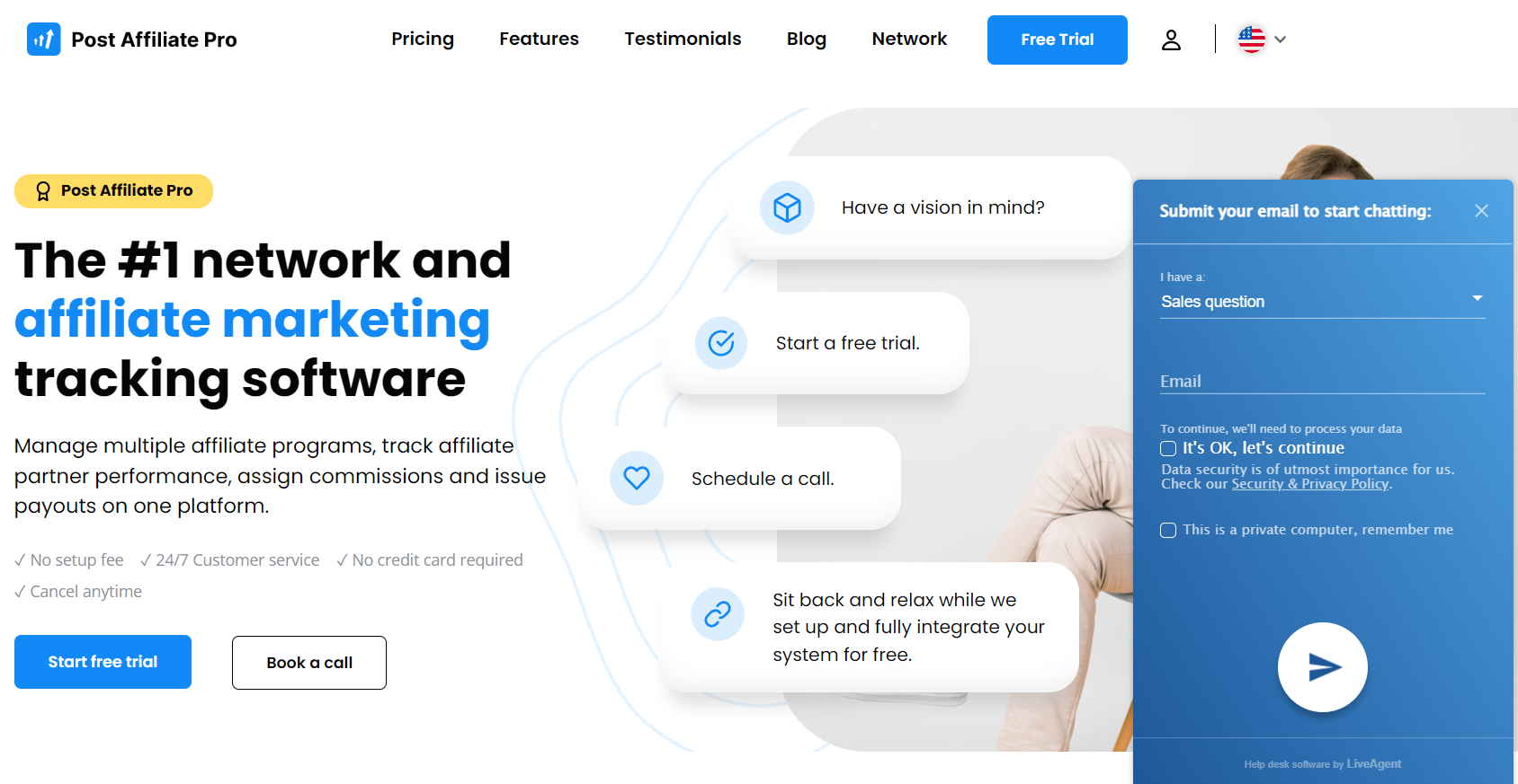 Czat na żywo na stronie Post Affiliate Pro