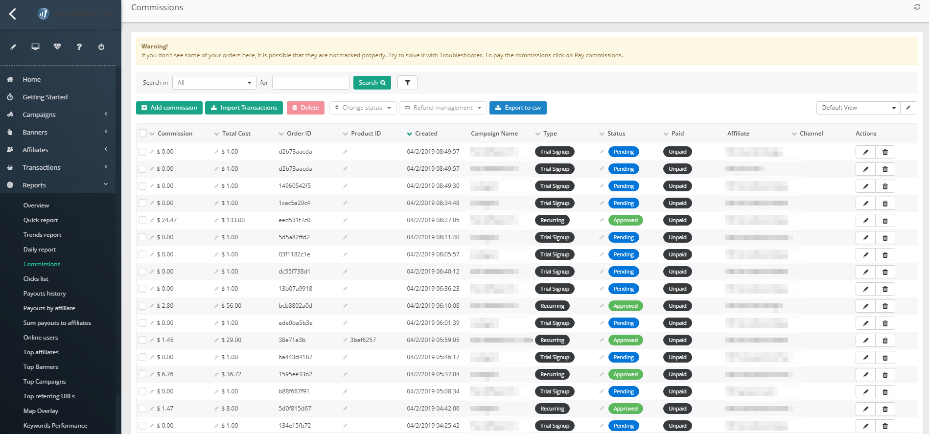 Panel raportów Post Affiliate Pro pokazujący prowizje
