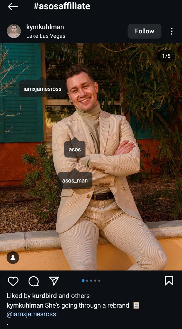 Zrzut ekranu posta na Instagramie @kymkuhlman prezentującego odzież jako marketer afiliacyjny.
