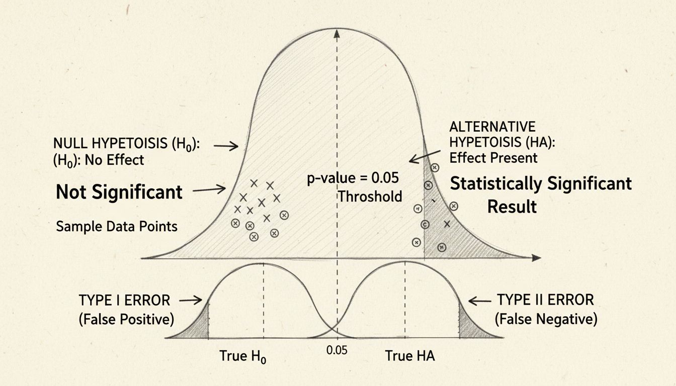 Statistical significance bell curve diagram showing p-value threshold, null hypothesis, alternative hypothesis, and Type I and Type II errors