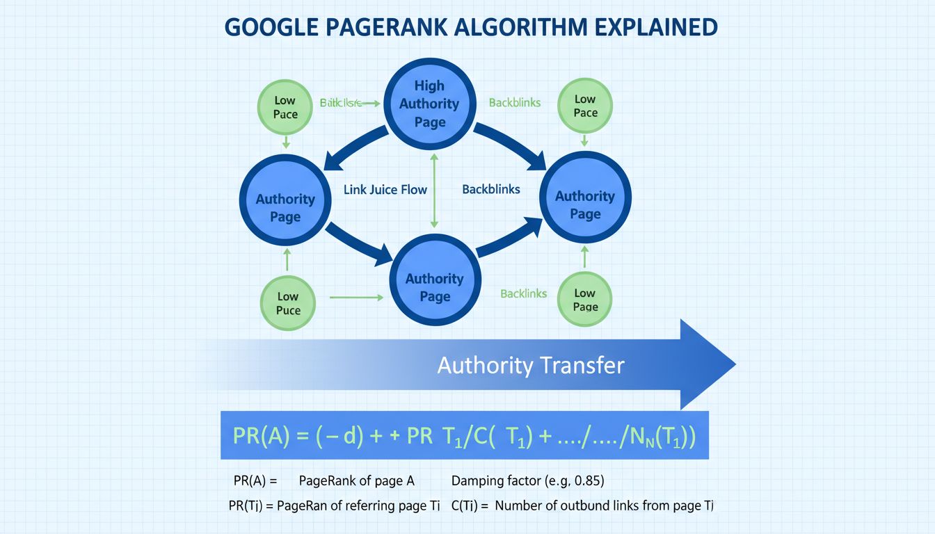 Schemat sieci algorytmu PageRank pokazujący przepływ linków i transfer autorytetu pomiędzy stronami