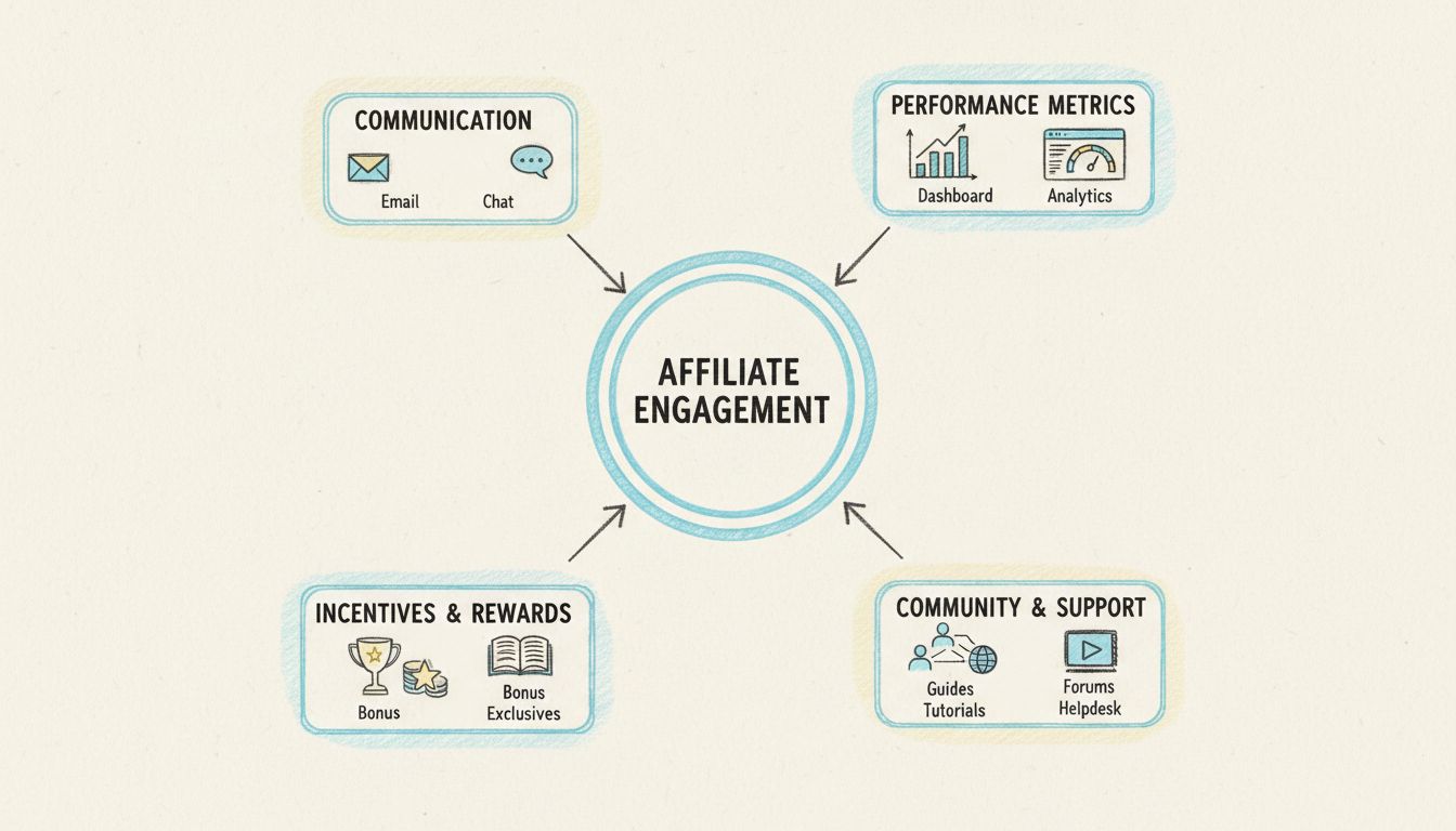 Schemat strategii angażowania afiliantów: komunikacja, metryki wyników, motywacje, szkolenia i wsparcie społeczności