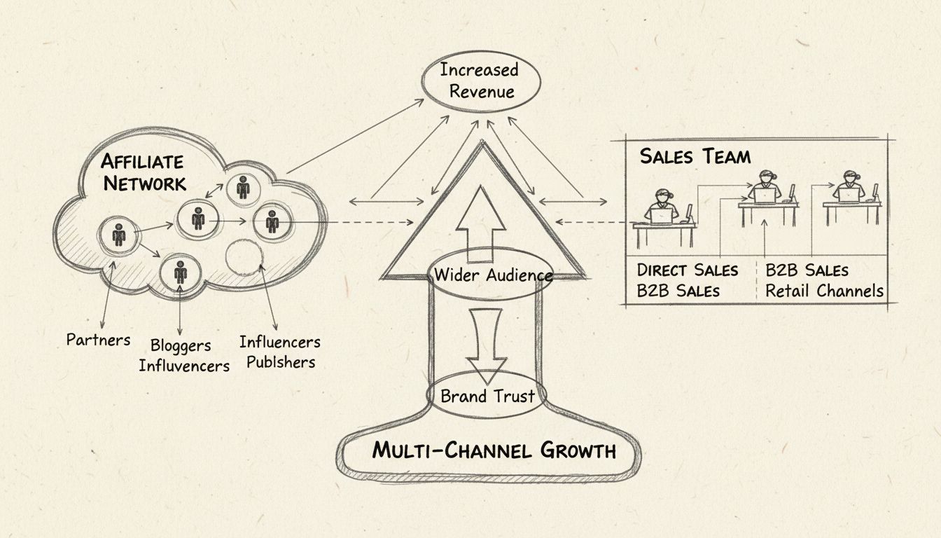 Diagram pokazujący synergię między siecią afiliacyjną a zespołem sprzedaży z przecinającymi się strzałkami wskazującymi na wzrost przychodów, większy zasięg odbiorców i zaufanie do marki
