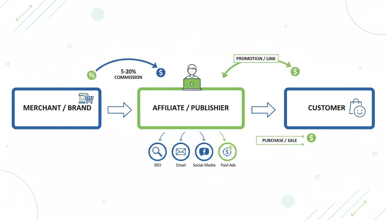 Ekosystem marketingu afiliacyjnego prezentujący relacje między sprzedawcą, afiliantem i klientem wraz z przepływem prowizji