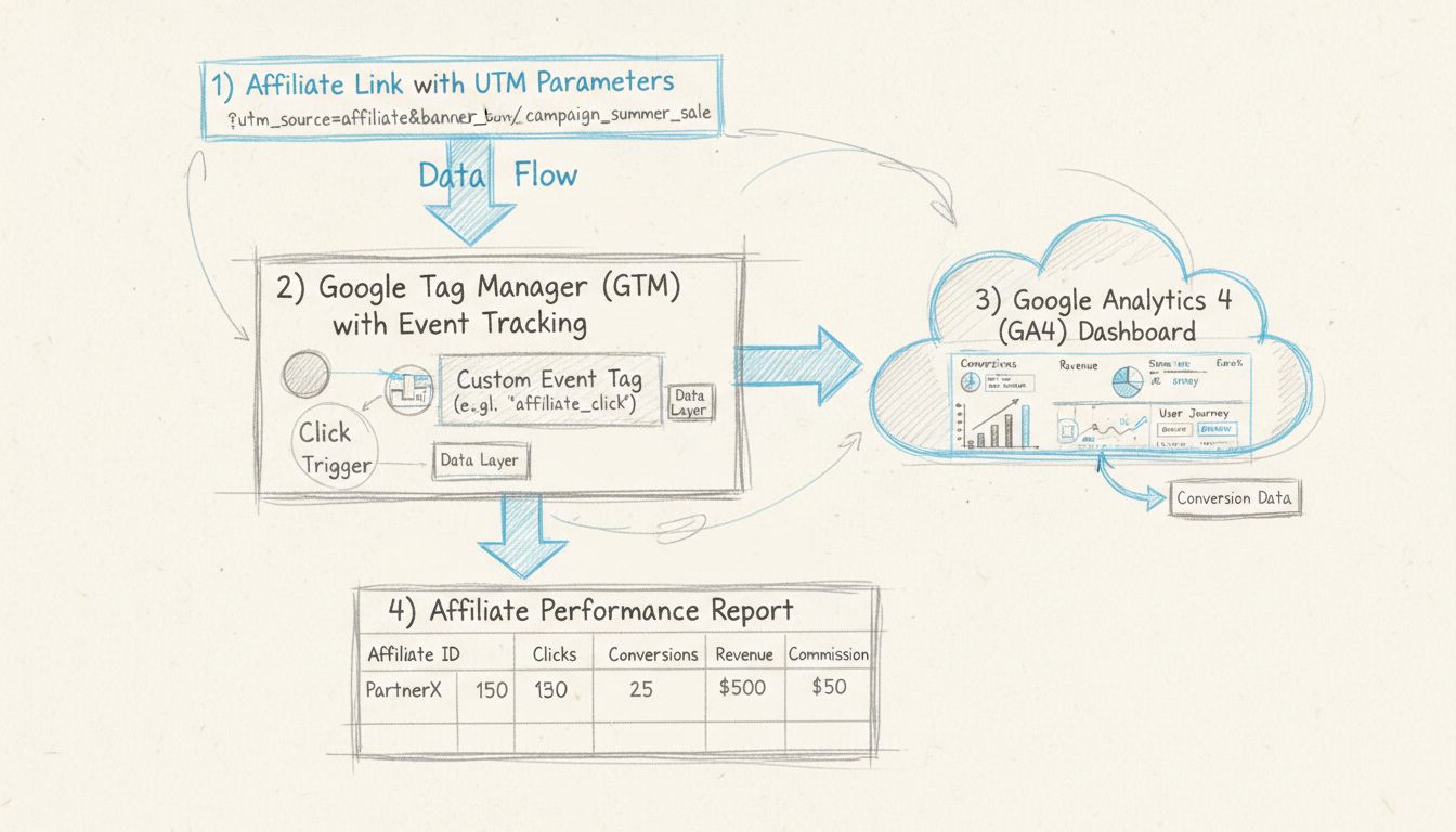 Schemat konfiguracji śledzenia afiliantów w Google Analytics, przedstawiający parametry UTM, Google Tag Managera, panel GA4 oraz raportowanie wyników afiliantów