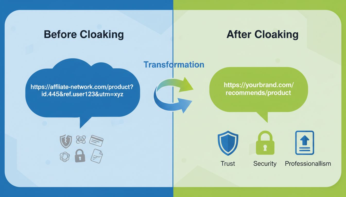 Porównanie maskowania linków afiliacyjnych przedstawiające transformację z nieczytelnego adresu URL do czystego linku markowego