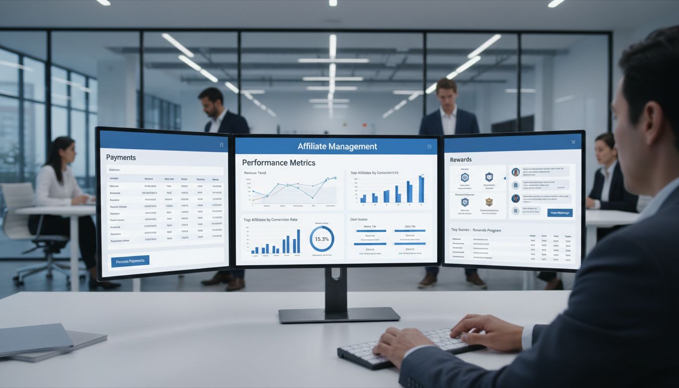 Profesjonalny panel menedżera afiliacyjnego prezentujący wskaźniki wydajności, płatności, narzędzia komunikacji i systemy nagród