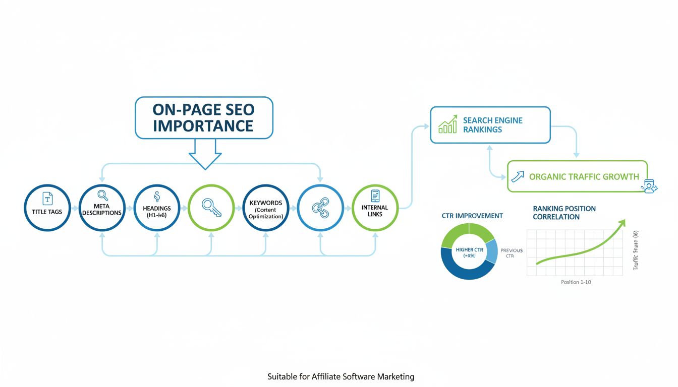 On-page SEO elements infographic showing title tags, meta descriptions, headings, keywords, internal links, page speed, mobile optimization and their impact on search rankings and organic traffic