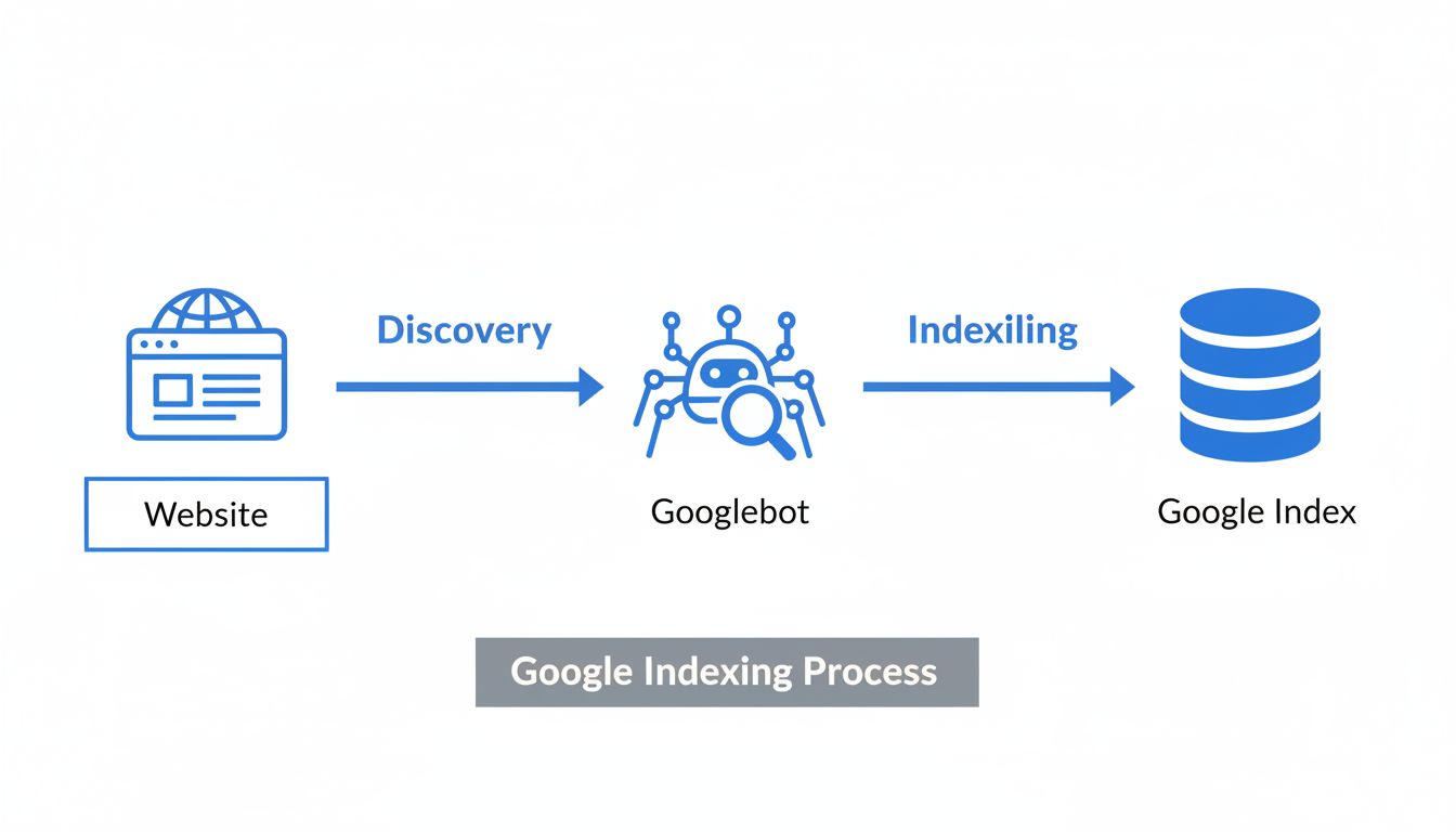 Schemat procesu indeksowania Google przedstawiający etapy Discovery, Crawling i Indexing