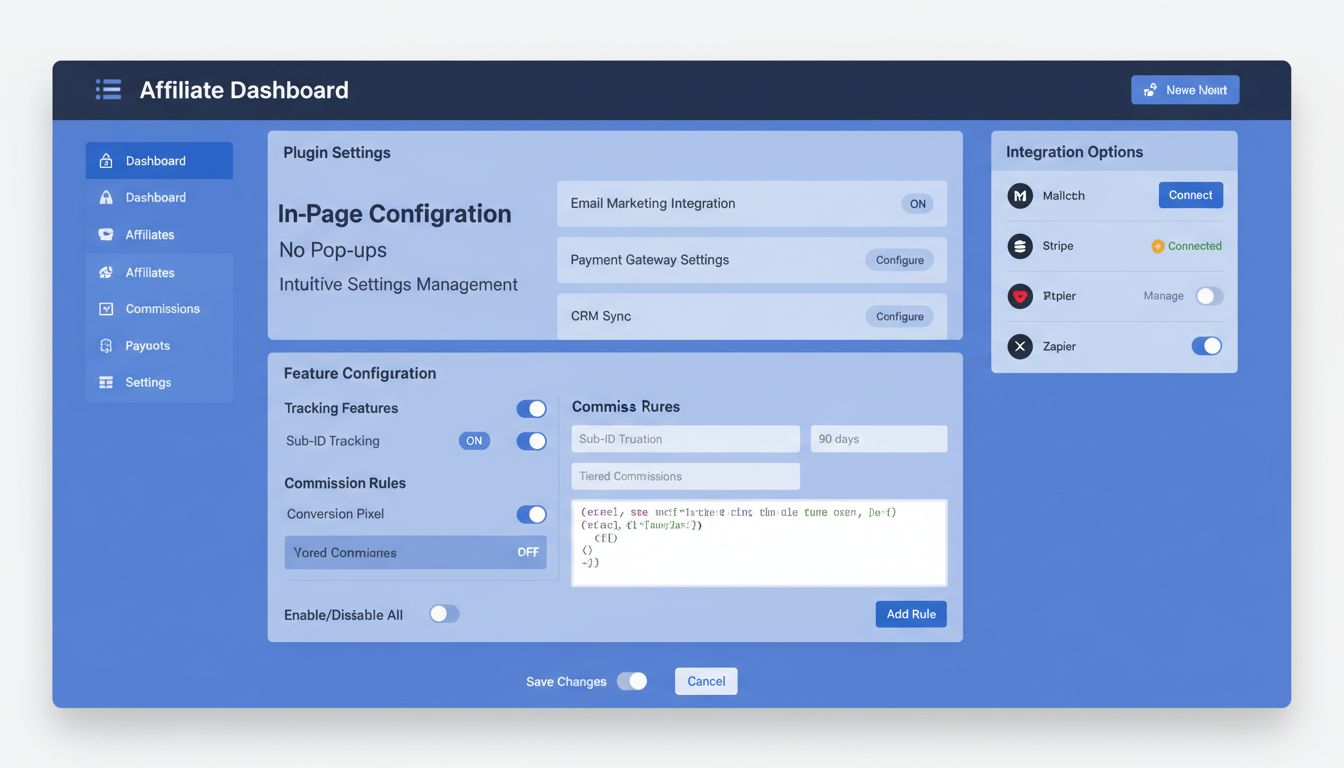 Nowoczesny panel oprogramowania afiliacyjnego z konfiguracją wtyczek na stronie, przełącznikami i rozwijanymi menu