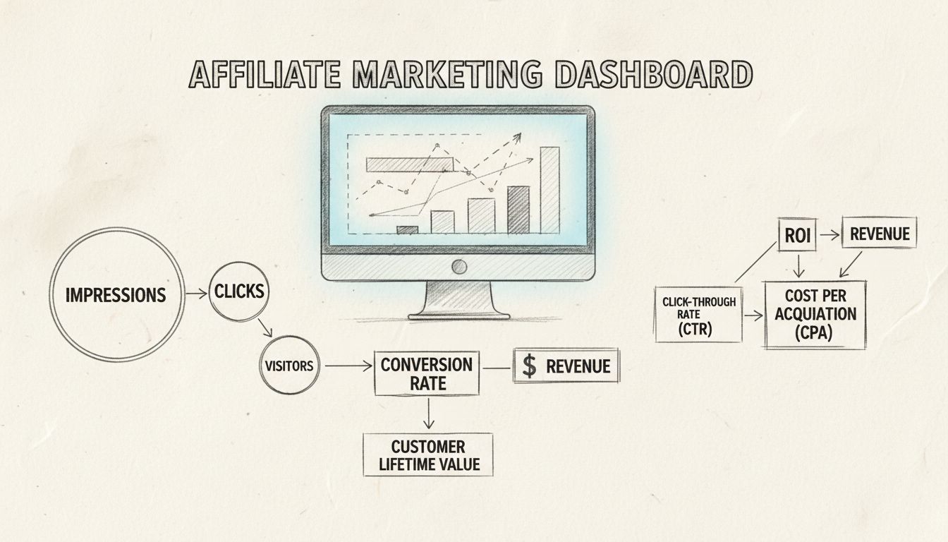 Pulpit metryk marketingu afiliacyjnego wyświetlający KPI, w tym ROI, CTR, współczynnik konwersji, CPA, przychód, wyświetlenia, kliknięcia oraz wartość klienta w czasie życia