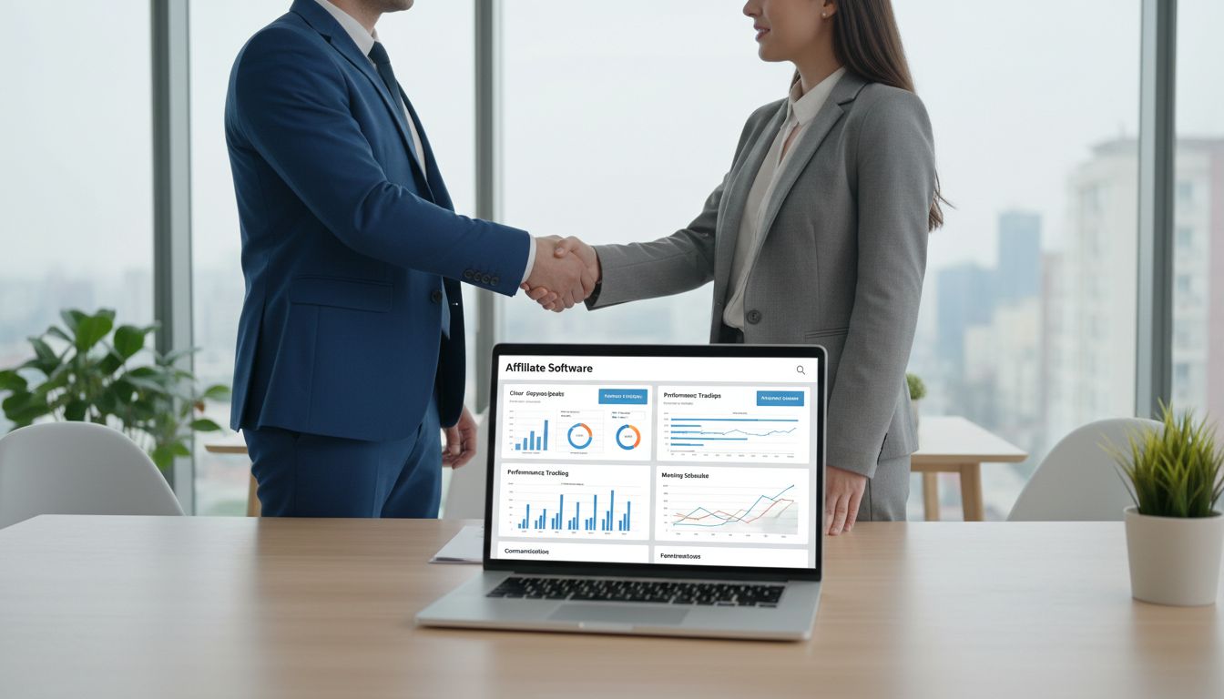 Profesjonalne spotkanie biznesowe pomiędzy menedżerem a freelancerem ds. marketingu afiliacyjnego, omawiających strategię partnerstwa z widocznym pulpitem analitycznym