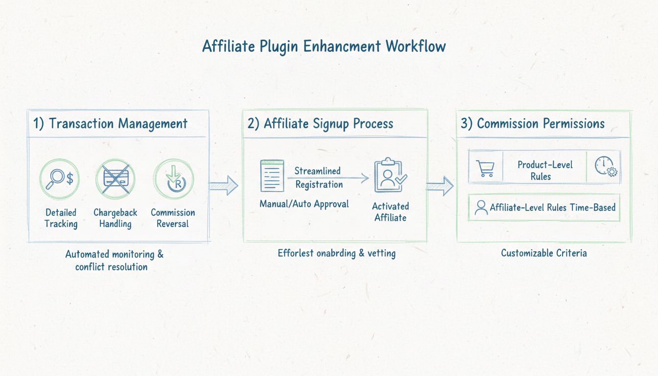 Diagram workflow ulepszeń wtyczki partnerskiej przedstawiający zarządzanie transakcjami, proces rejestracji partnera i uprawnienia prowizyjne z możliwością dostosowania