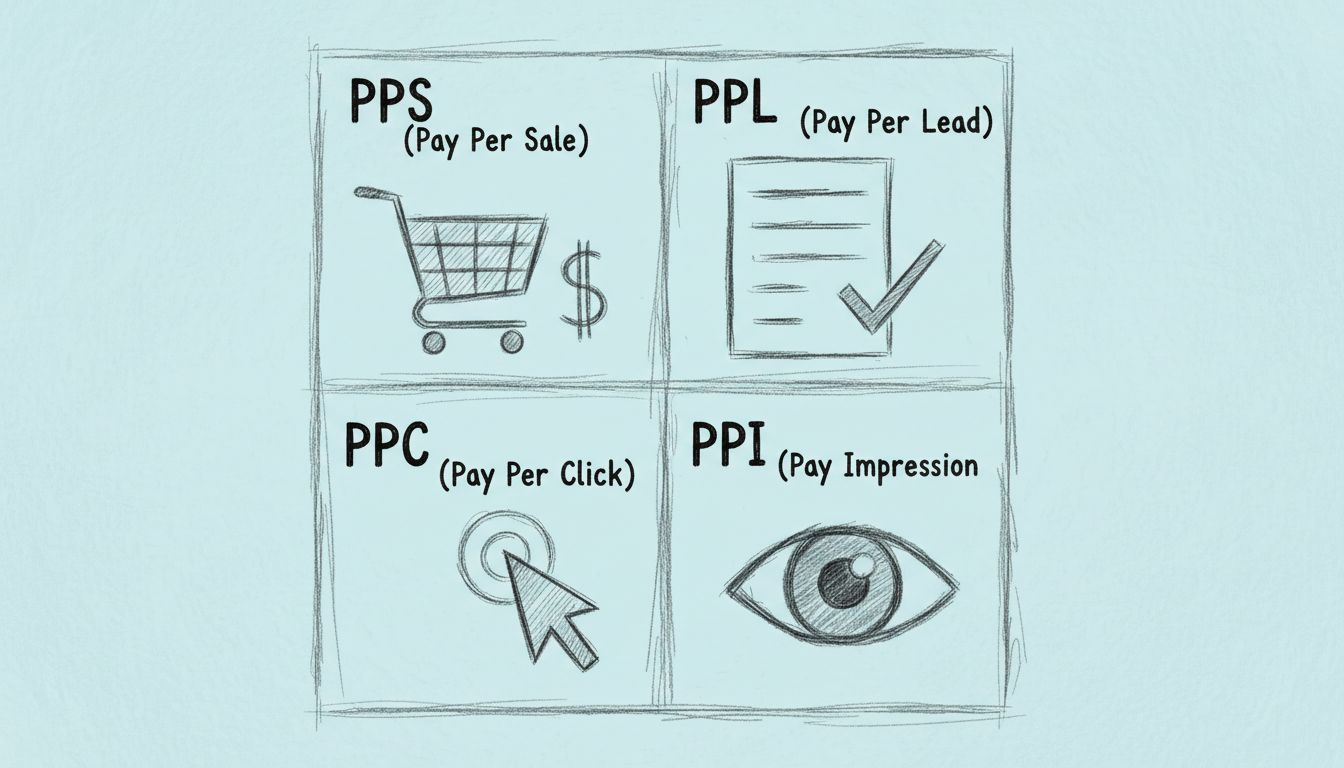 Diagram porównujący modele wypłat afiliacyjnych: PPS, PPL, PPC i PPI