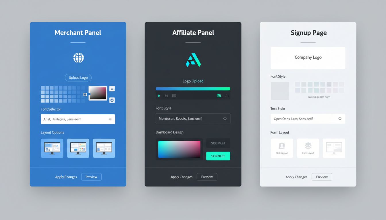 Interfejs personalizacji motywu Post Affiliate Pro przedstawiający opcje dostosowania Panelu Sprzedawcy, Panelu Partnera i Strony Rejestracji z wyborem kolorów, dodaniem logo oraz ustawieniami układu