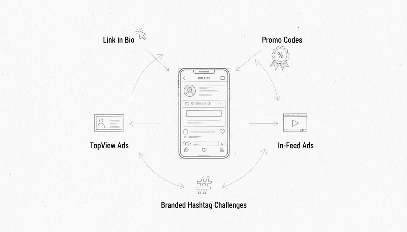 Diagram strategii marketingu afiliacyjnego na TikToku pokazujący umieszczanie linków, kody promocyjne, reklamy TopView, In-Feed Ads oraz branded hashtag challenges