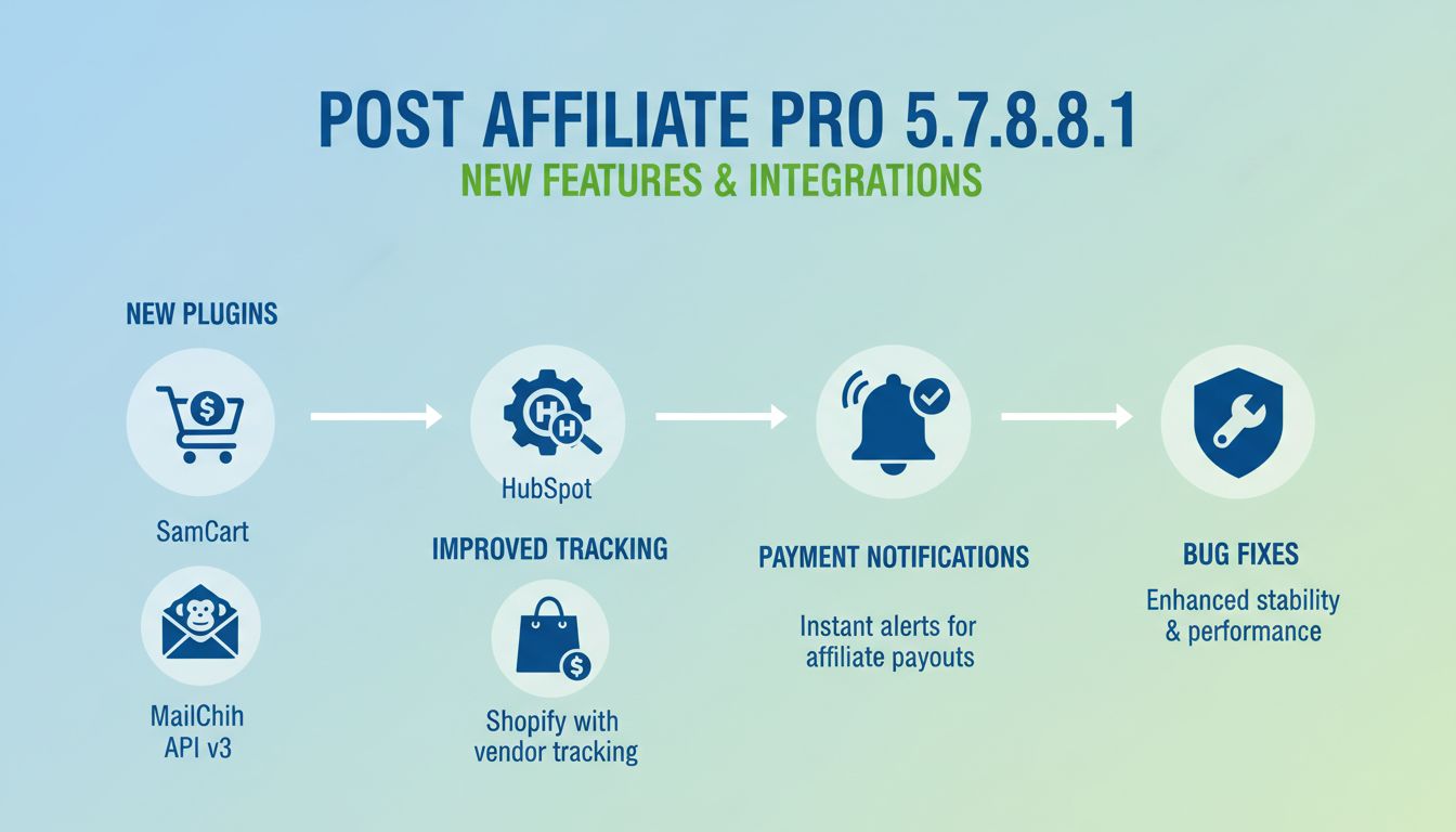 Infografika nowych funkcji Post Affiliate Pro 5.7.8.1: integracje z SamCart, MailChimp API v3, HubSpot, Shopify i powiadomienia o płatnościach
