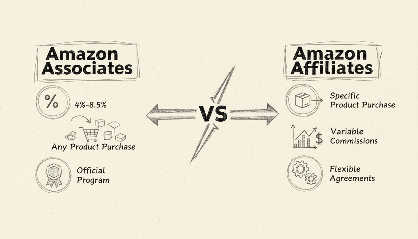 Ręcznie rysowany diagram porównawczy Amazon Associates vs Amazon Affiliates pokazujący struktury prowizji i mechanizmy zarabiania