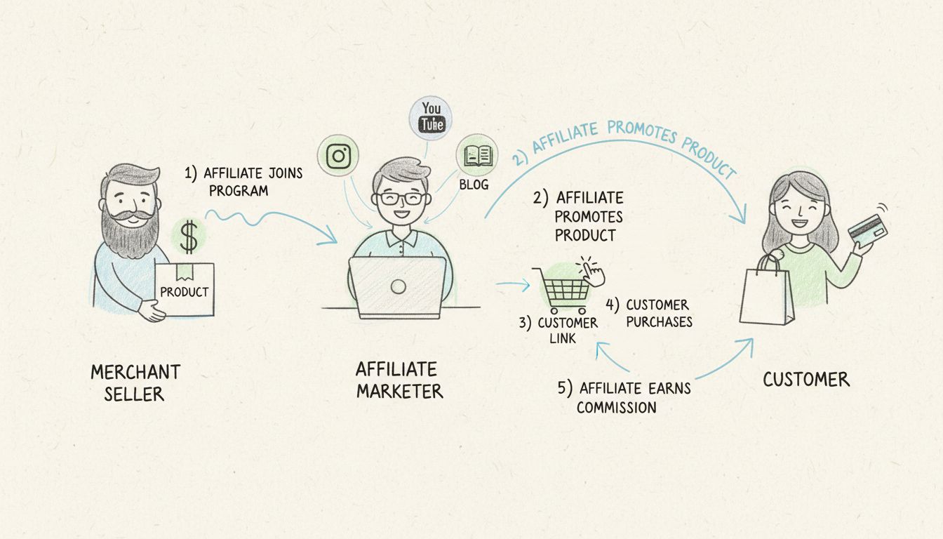 Schemat działania marketingu afiliacyjnego pokazujący sprzedawcę, afilianta, klienta i przepływ prowizji