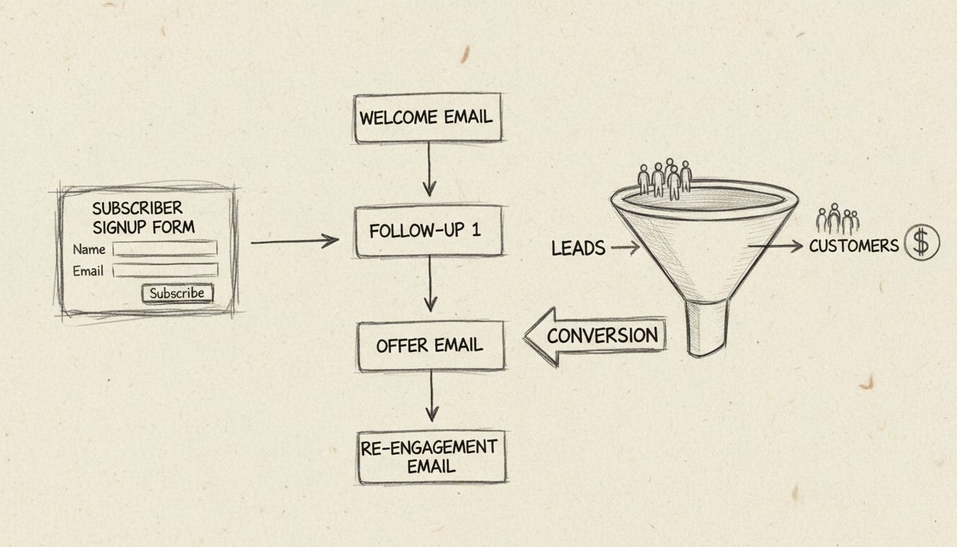 Schemat działania autorespondera e-mail pokazujący zapis subskrybenta, automatyczną sekwencję e-mail oraz lejek konwersji