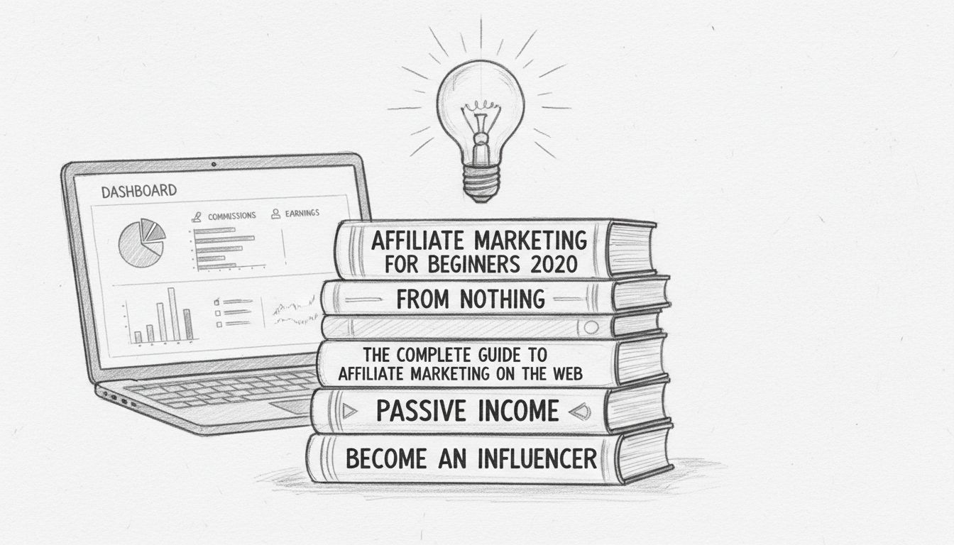 Stos książek o marketingu afiliacyjnym z żarówką symbolizującą naukę i wiedzę