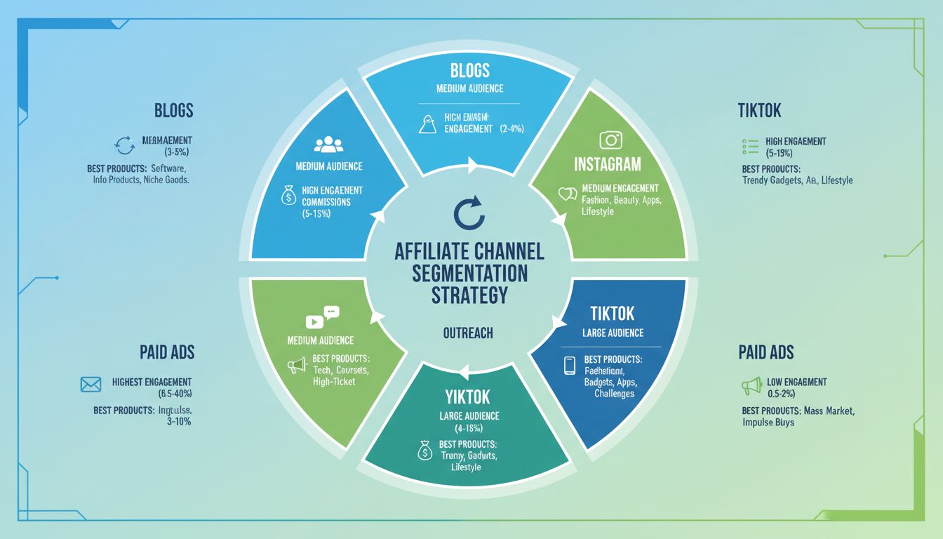 Strategia segmentacji kanałów afiliacyjnych przedstawiająca 6 głównych kanałów z wskaźnikami zaangażowania i procentami prowizji