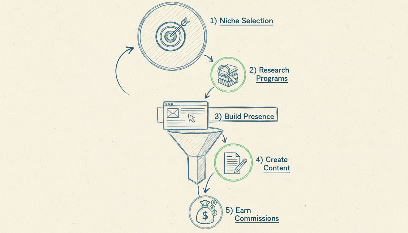 Lejek marketingu afiliacyjnego z produktami premium: wybór niszy, badanie programów, budowa obecności, tworzenie treści i zarabianie prowizji
