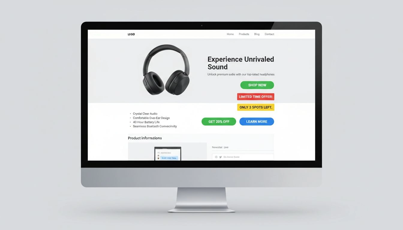 Profesjonalna strona landingowa marketingu afiliacyjnego z różnymi przykładami przycisków CTA z komunikatami o pilności i właściwym rozmieszczeniu