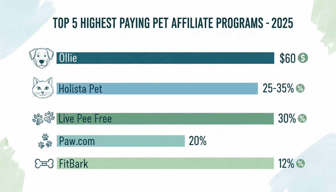 Infografika porównawcza 5 najlepiej płatnych programów partnerskich dla zwierząt 2025: Ollie 60$, Holista Pet 25-35%, Live Pee Free 30%, Paw.com 20% i FitBark 12% prowizji
