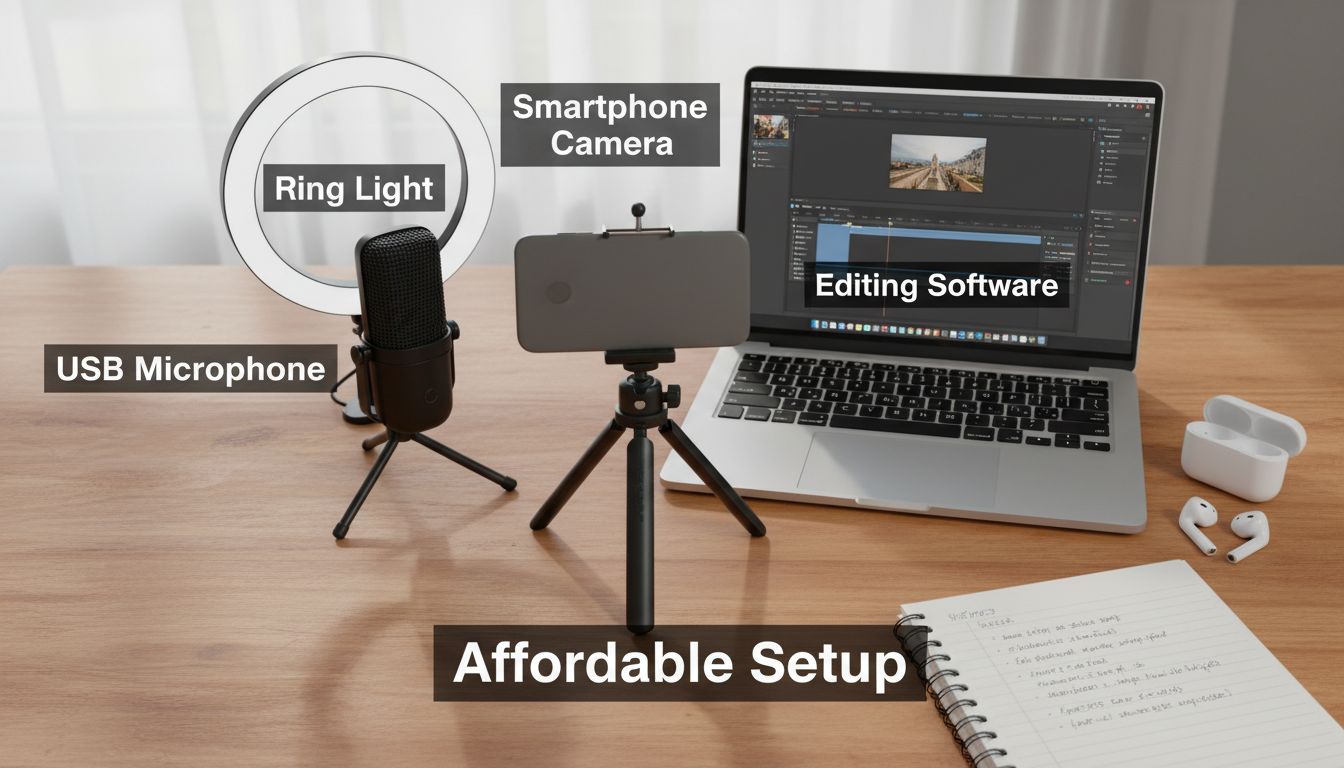 Niedrogi zestaw do nagrywania wideo: smartfon na statywie, mikrofon USB, ring light i laptop do edycji