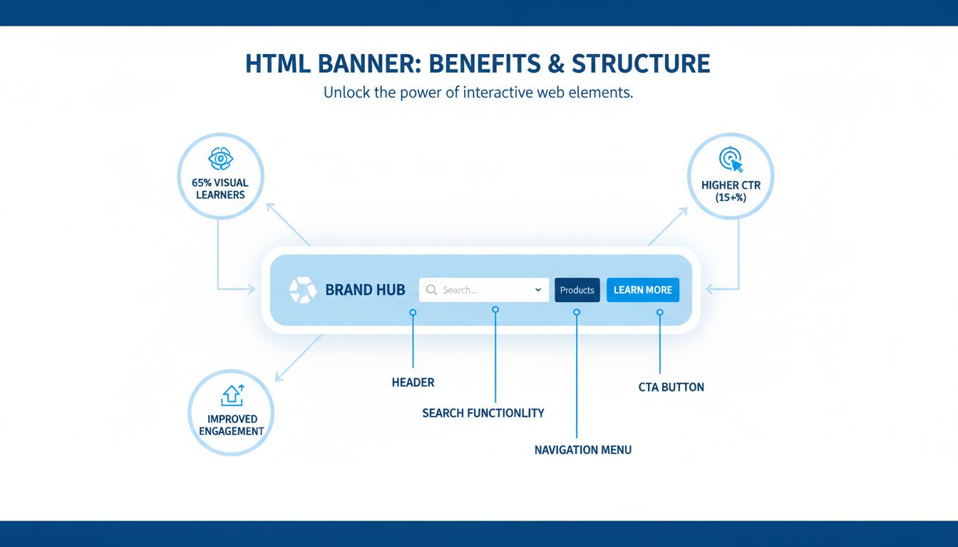 Infografika zalet banerów HTML z interaktywnymi elementami, metrykami i funkcjami angażującymi