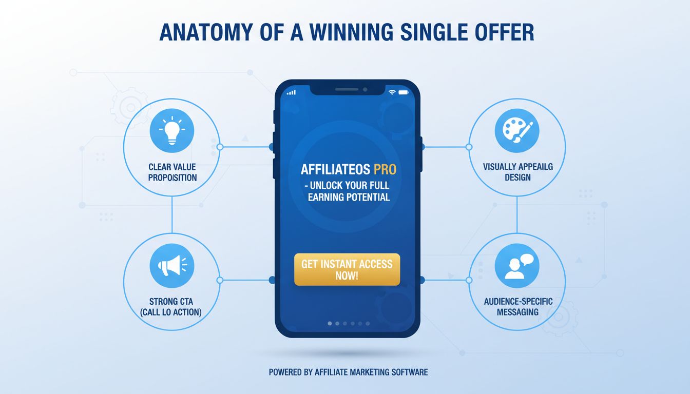 Infografika przedstawiająca kluczowe elementy skutecznych pojedynczych ofert, takie jak propozycja wartości, atrakcyjność wizualna, CTA i targetowanie odbiorców