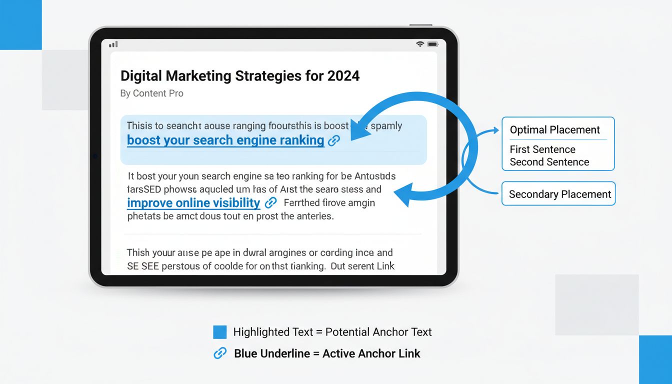 Diagram pokazujący optymalne rozmieszczenie anchor textu w pierwszym i drugim zdaniu treści z wizualnymi wskaźnikami