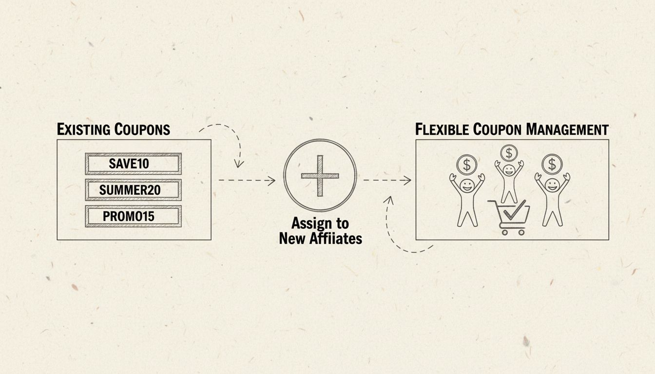 Przebieg zarządzania kuponami przedstawiający przypisywanie istniejących kuponów nowym partnerom