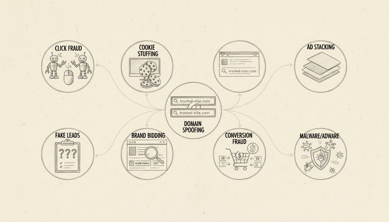 Ręcznie rysowany diagram pokazujący 8 typów oszustw afiliacyjnych, w tym click fraud, cookie stuffing, fałszywe leady, brand bidding, domain spoofing, ad stacking, conversion fraud i malware