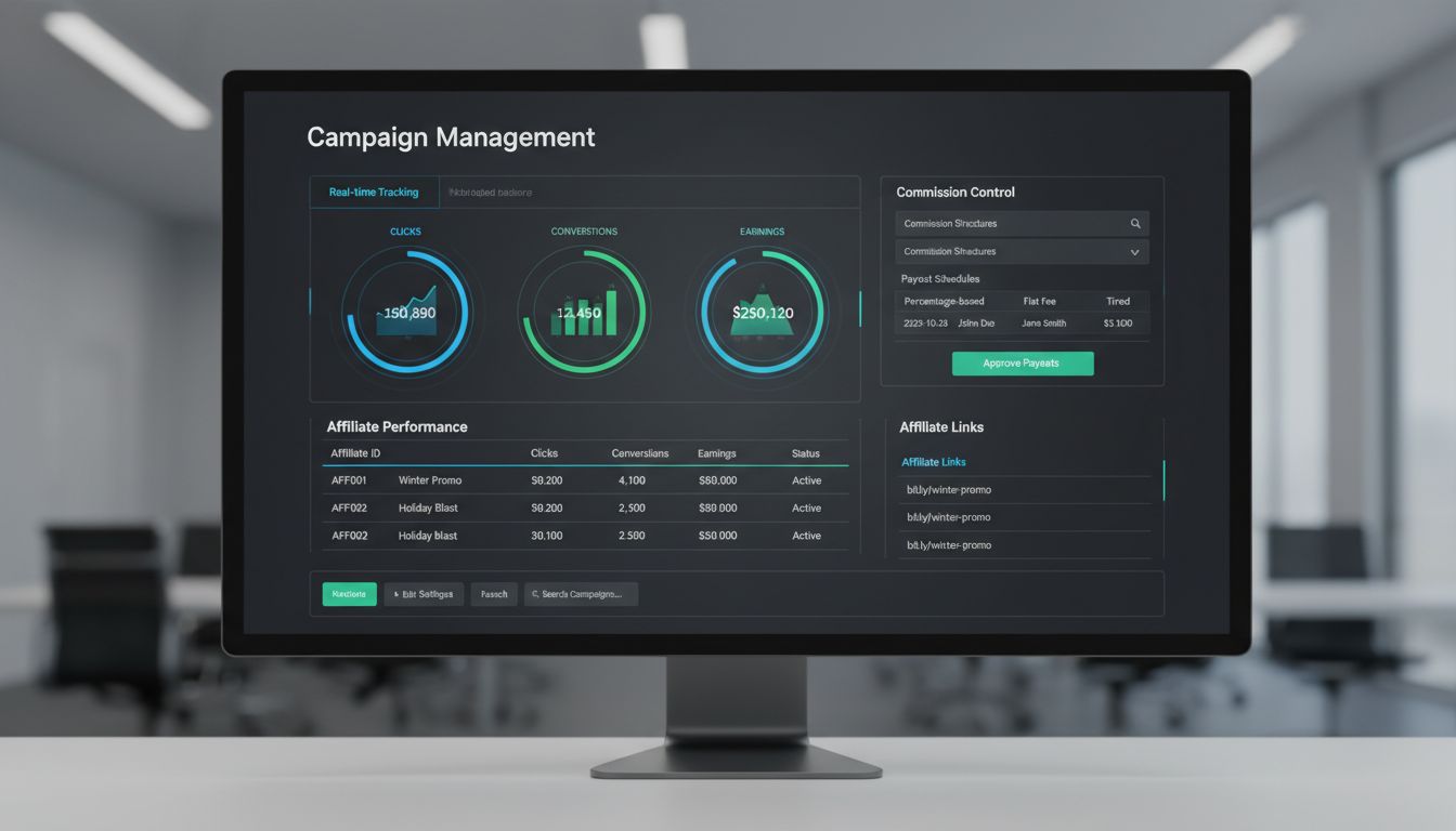 Panel zarządzania kampanią marketingu afiliacyjnego pokazujący śledzenie w czasie rzeczywistym, kontrolę prowizji i analitykę wyników