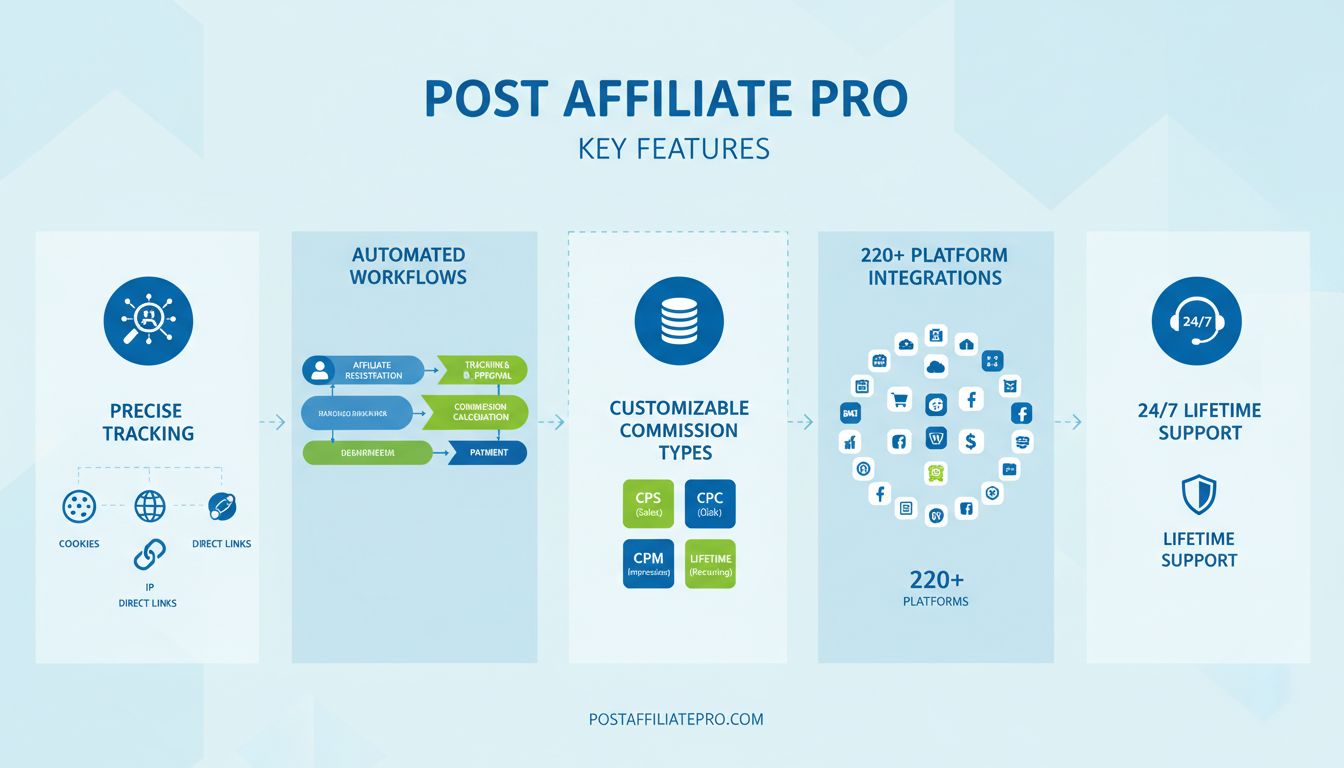 Infografika kluczowych funkcji Post Affiliate Pro – metody śledzenia, automatyzacja procesów, prowizje, integracje i wsparcie