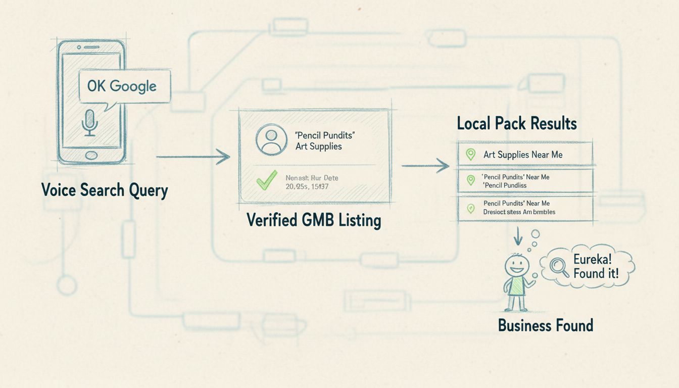 Proces weryfikacji Google Moja Firma dla wyszukiwania głosowego ukazujący smartfon z zapytaniem głosowym, zweryfikowaną kartę profilu GMB z symbolem zatwierdzenia, wyniki local pack i ścieżkę odkrywania firmy