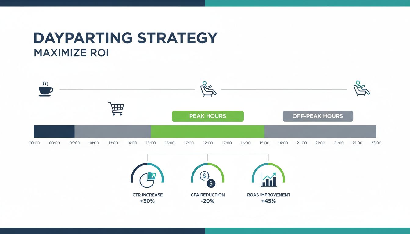 Infografika dayparting – 24-godzinny harmonogram, godziny szczytu i poza szczytem, metryki wydajności: wzrost CTR, spadek CPA, poprawa ROAS