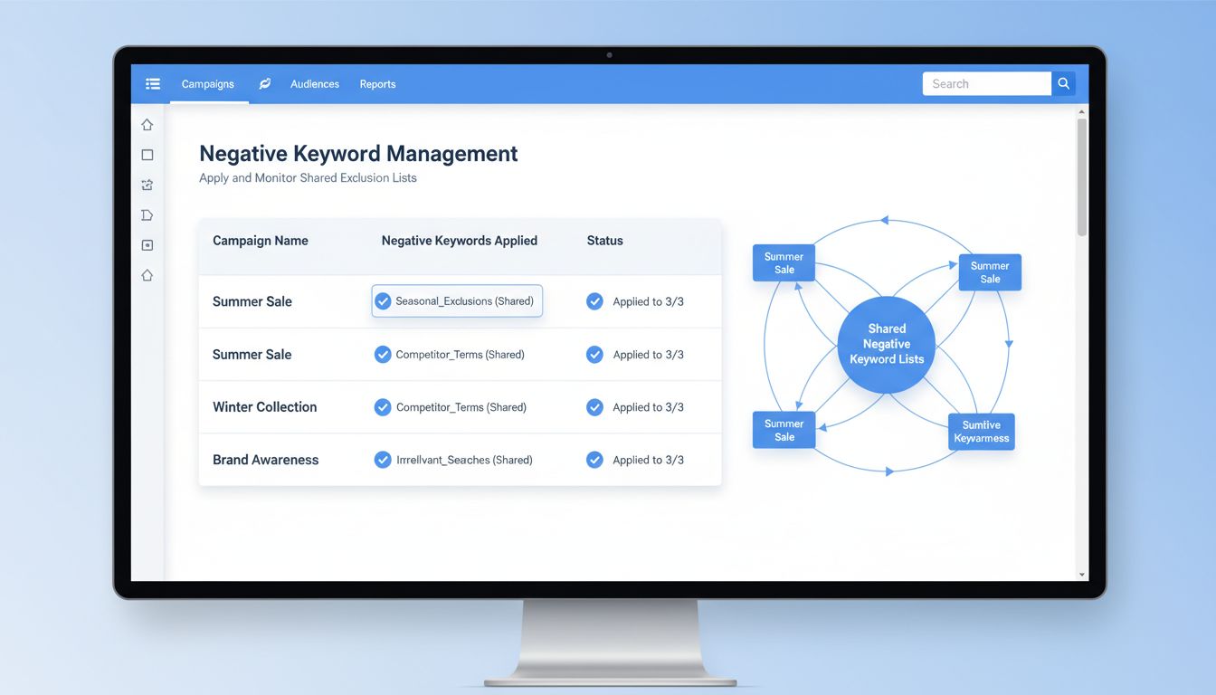 Panel zarządzania wykluczającymi słowami kluczowymi z wieloma kampaniami oraz współdzielonymi listami wykluczających słów kluczowych stosowanymi jednocześnie