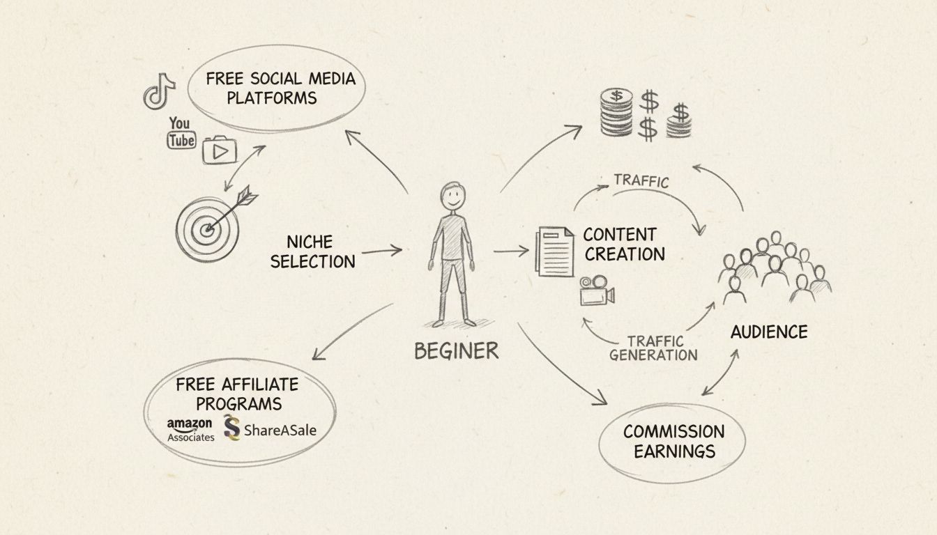 Proces krok po kroku rozpoczynania marketingu afiliacyjnego bez pieniędzy: darmowe platformy, wybór niszy, programy partnerskie, tworzenie treści, generowanie ruchu i zarabianie prowizji