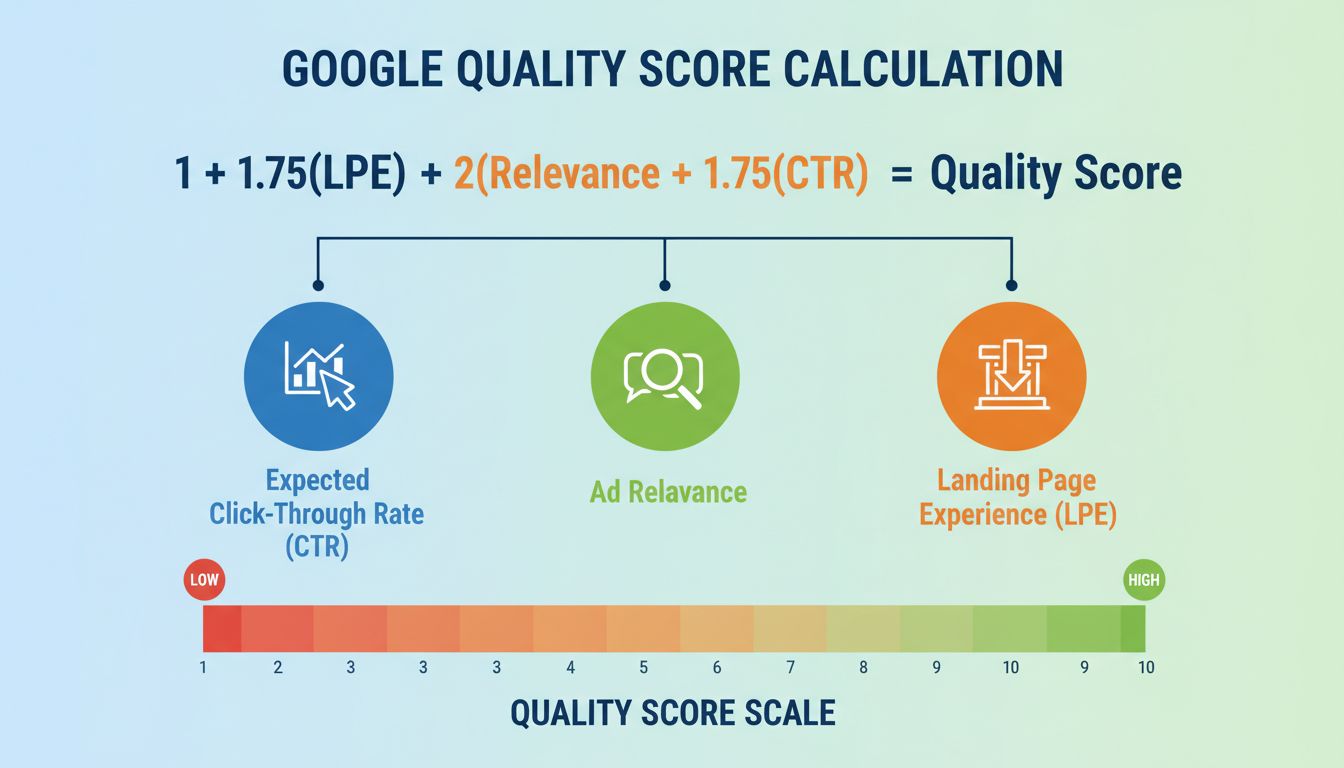 Infografika wzoru obliczania Google Quality Score z trzema komponentami i skalą 1-10