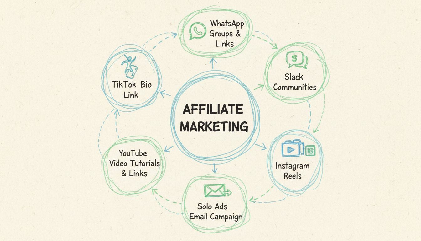 Ręcznie rysowany schemat pokazujący niestandardowe metody marketingu afiliacyjnego, w tym TikTok, WhatsApp, Slack, solo mailingi, poradniki YouTube i Instagram Reels, ułożone w okrężnym przepływie