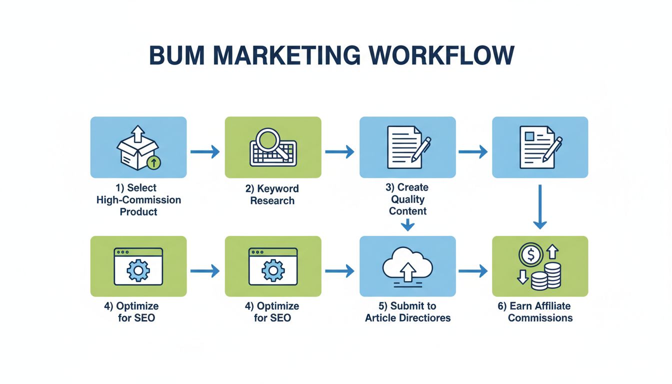 Bum Marketing Workflow - Step-by-step process from product selection to earning commissions