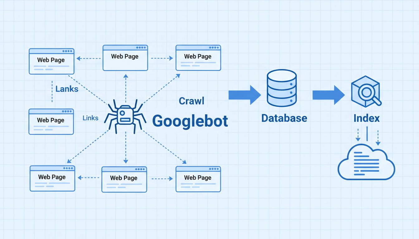Diagram techniczny przedstawiający Googlebota przeszukującego połączone strony internetowe z indeksowaniem w bazie danych i podążaniem za linkami
