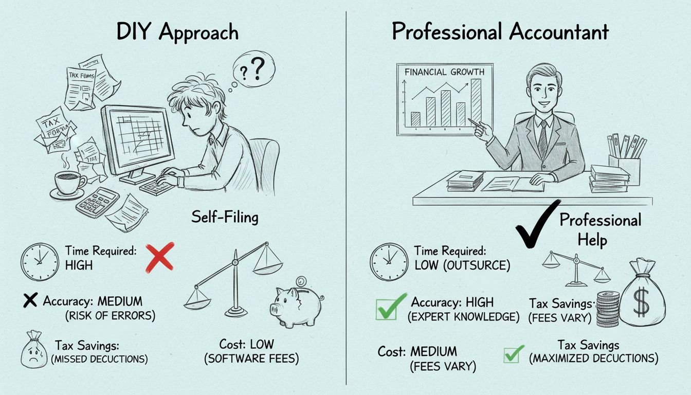 Diagram porównujący samodzielne rozliczenie podatków i zatrudnienie profesjonalnego księgowego do rozliczenia podatków z marketingu afiliacyjnego