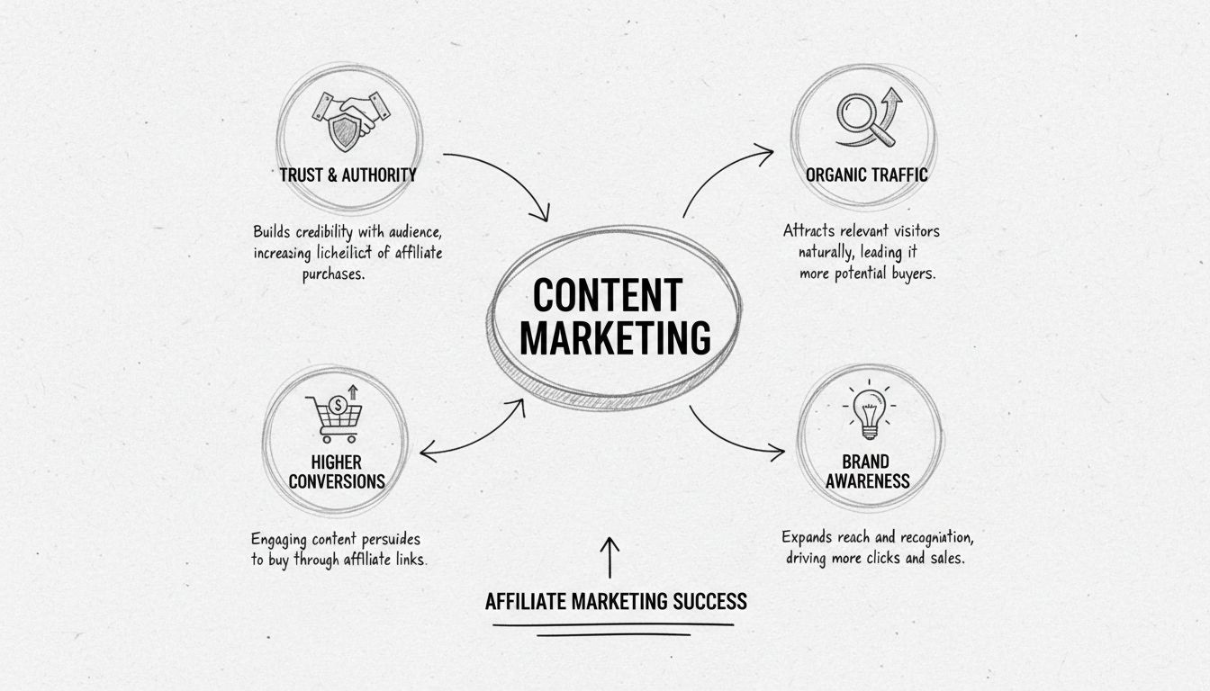 Ręcznie rysowany diagram pokazujący powiązania marketingu treści z zaufaniem, ruchem organicznym, konwersjami i świadomością marki